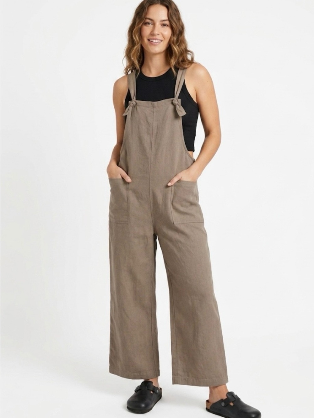 Miou Muse Taupe Linen-Blend Wide-Leg Overalls - Size M Women’s